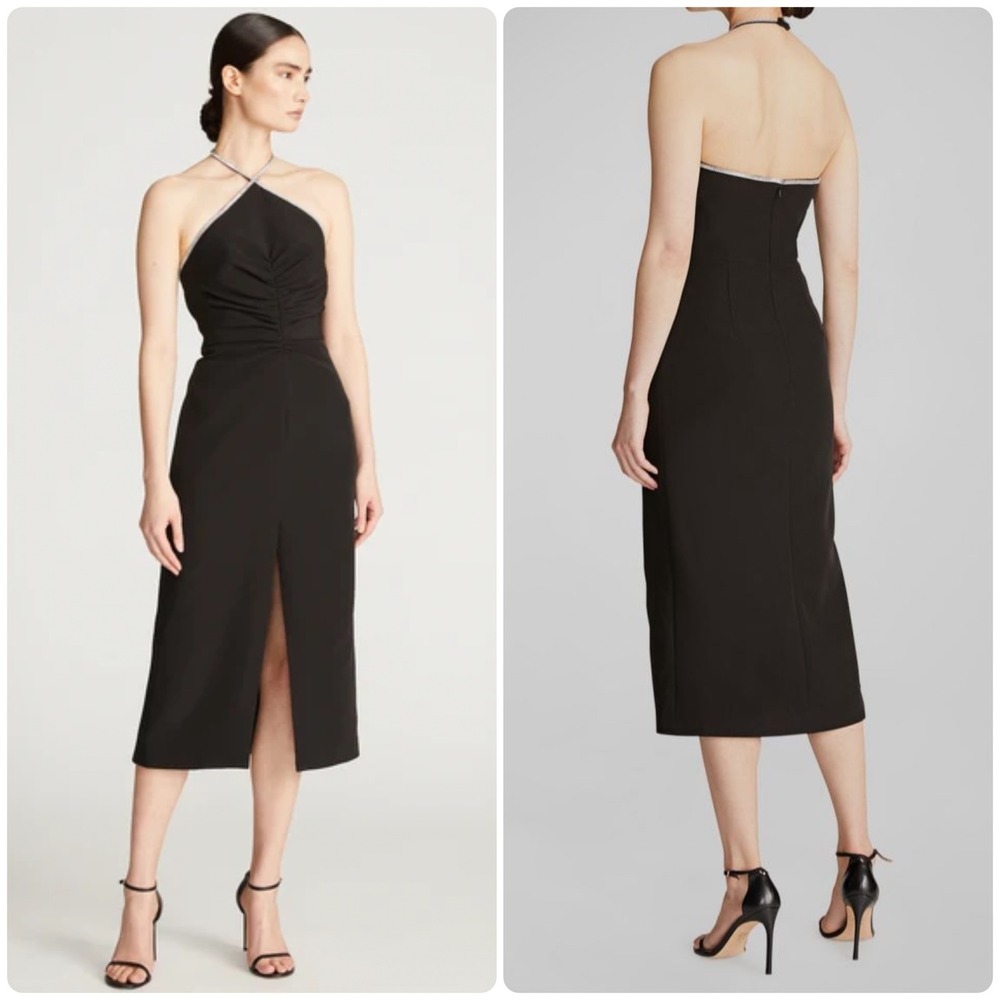 NWT Halston Womens Piper Crystal Trim Crepe Ruched Midi Halter Dress Black 6